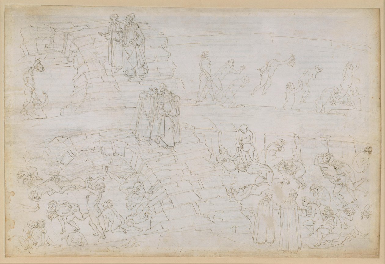 La Divina Commedia, Inferno XXIX. Vergilius och Dante i helvetets åttonde krets (Malebolge), 10:e bolgia: Straffet för förfalskare och alkemister av Sandro Botticelli