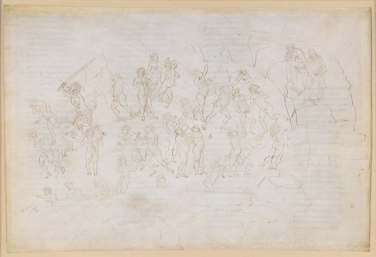 La Divina Commedia, Inferno XXVIII. Vergilius och Dante i helvetets åttonde krets (Malebolge), 9:e bolgia: Straffet för kättare och dem som sår splittring; mötet med Muhammed och Bertran de Born av Sandro Botticelli