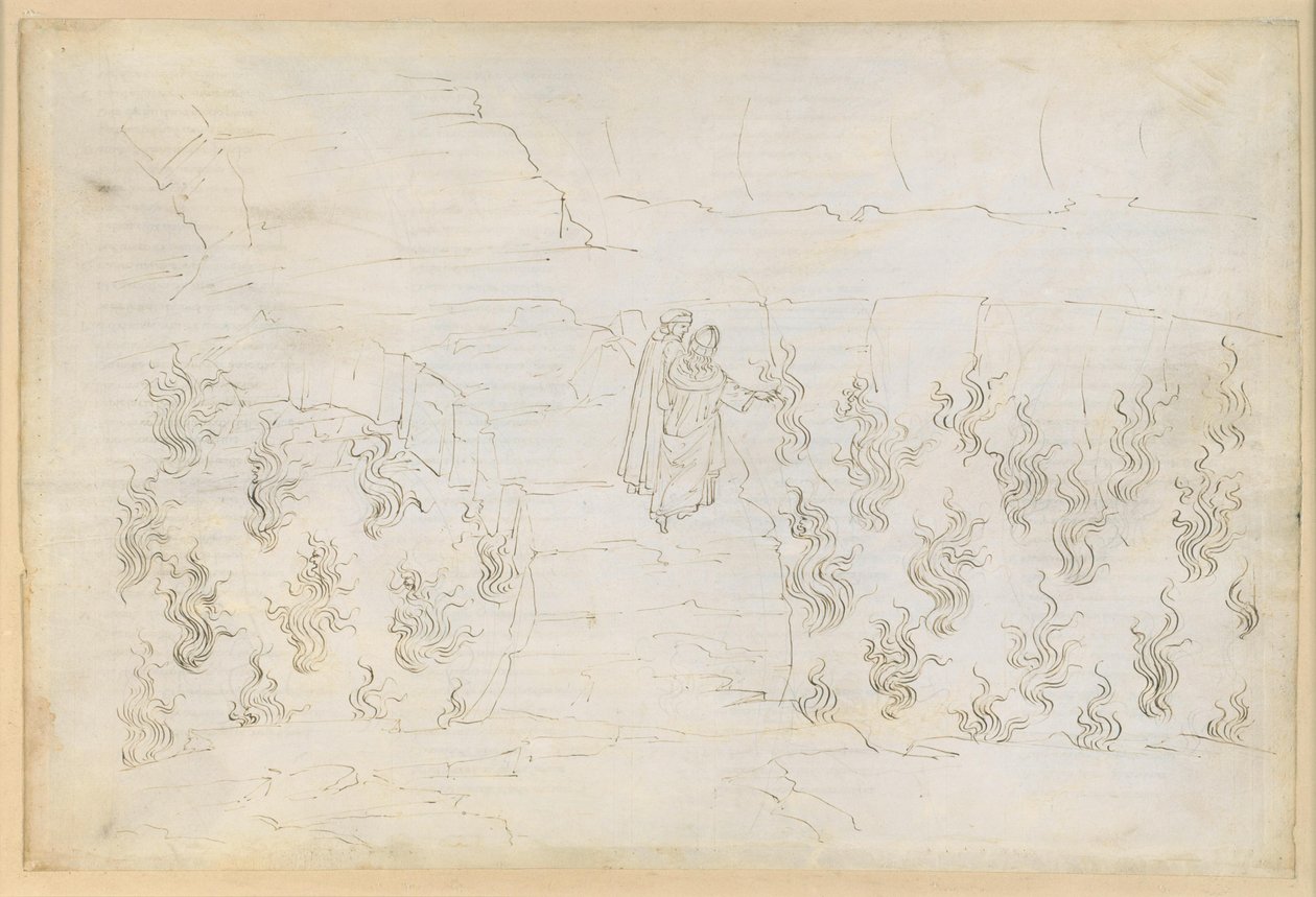 La Divina Commedia, Inferno XXVII: Helvetets åttonde krets (Malebolge), 8:e bolgia: Straffet för de falska rådgivarna; samtal med Guido da Montefeltro av Sandro Botticelli
