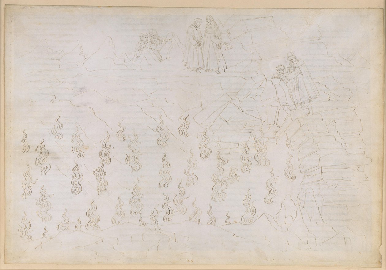 La Divina Commedia, Inferno XXVI. Vergilius och Dante i helvetets åttonde krets (Malebolge), 8:e bolgia: Straffet för de falska rådgivarna; samtal med Odysseus av Sandro Botticelli