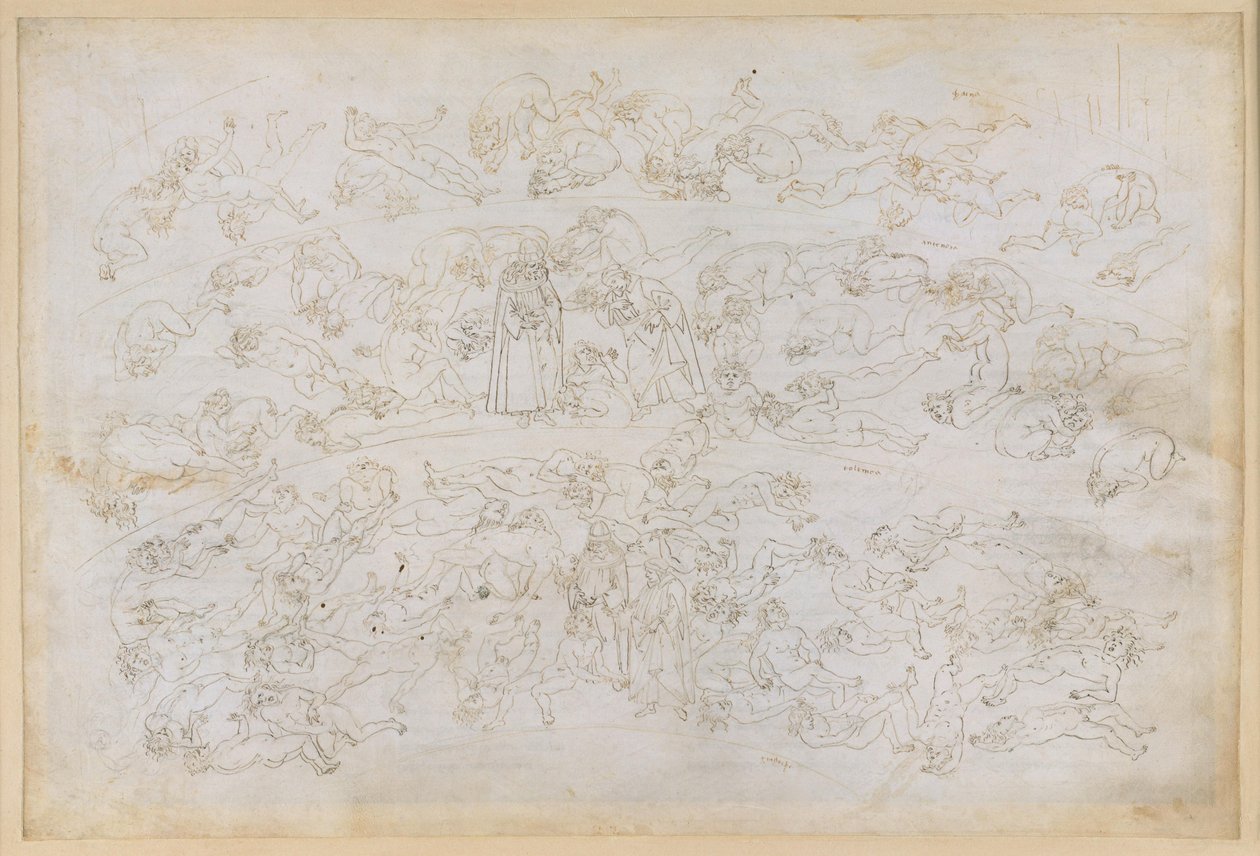 La Divina Commedia, Inferno XXXIII. Helvetets nionde krets (Cocytus), 3:e avsnittet: Greve Ugolinos botgöringsberättelse; straffet för dem som svikit sina gästvänner i Ptolemäas is av Sandro Botticelli