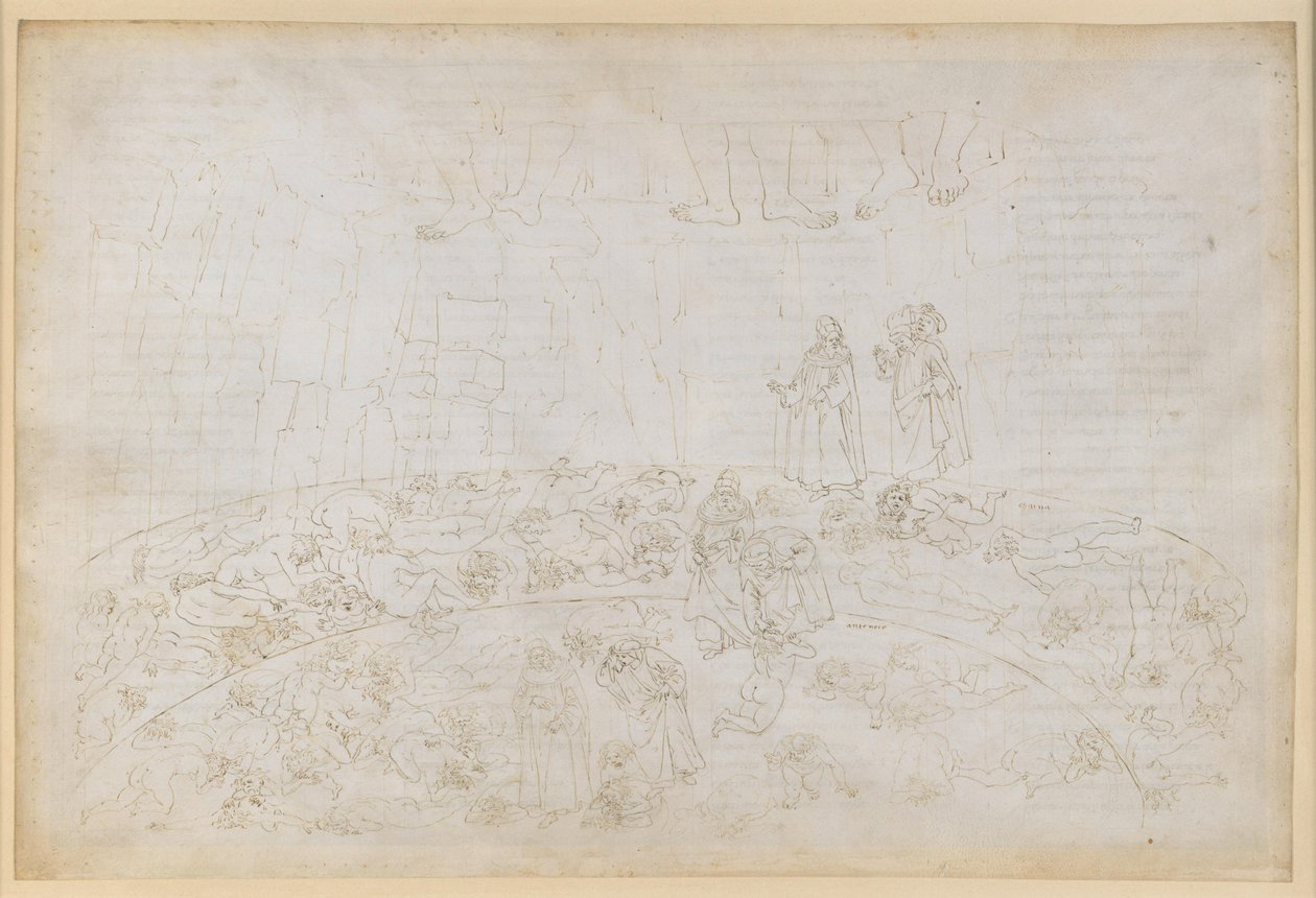 La Divina Commedia, Inferno XXXII. Nionde cirkeln (Cocytus), 1:a och 2:a avsnittet: Bestraffningen av förrädarna mot släkt och fosterland i isen vid Caina och Antenora av Sandro Botticelli