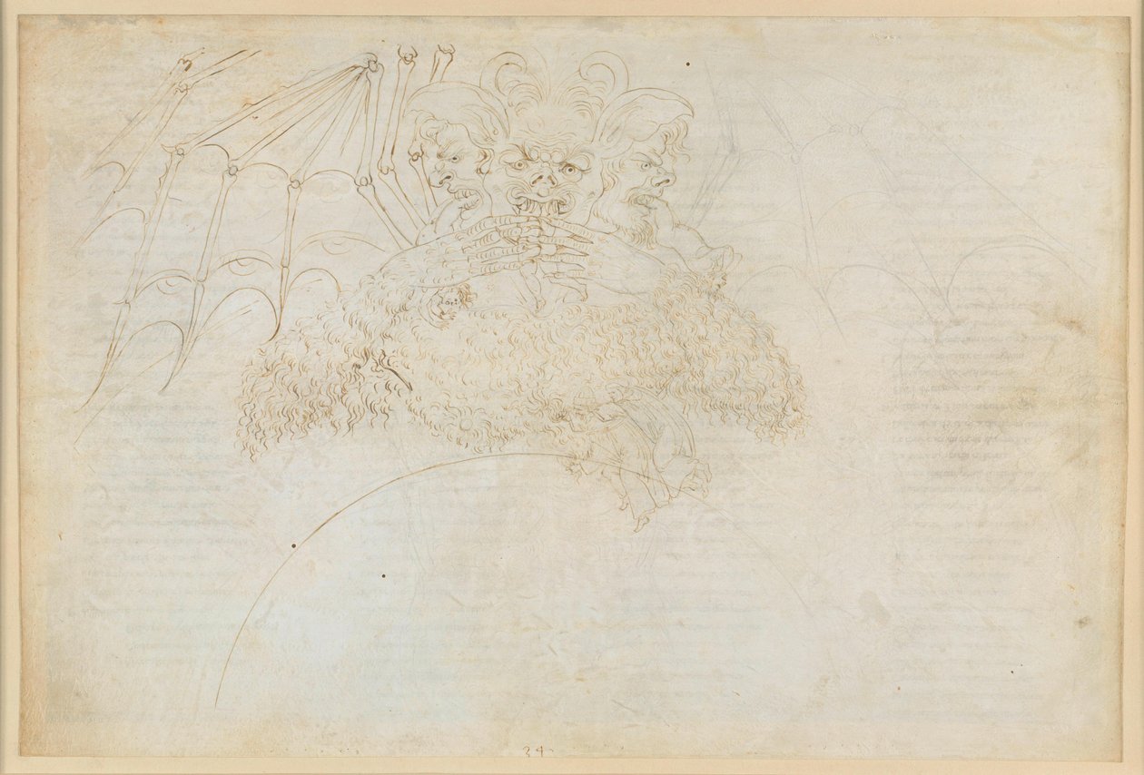 La Divina Commedia, Inferno XXXIV (1): Helvetets centrum: Lucifer i Giudeccas is, som krossar Judas, Brutus och Cassius av Sandro Botticelli