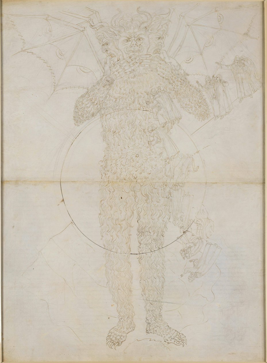 La Divina Commedia, Inferno XXXIV (2). Helvetets centrum: Lucifer i full storlek (Den store Satan); Avsked från Inferno av Sandro Botticelli