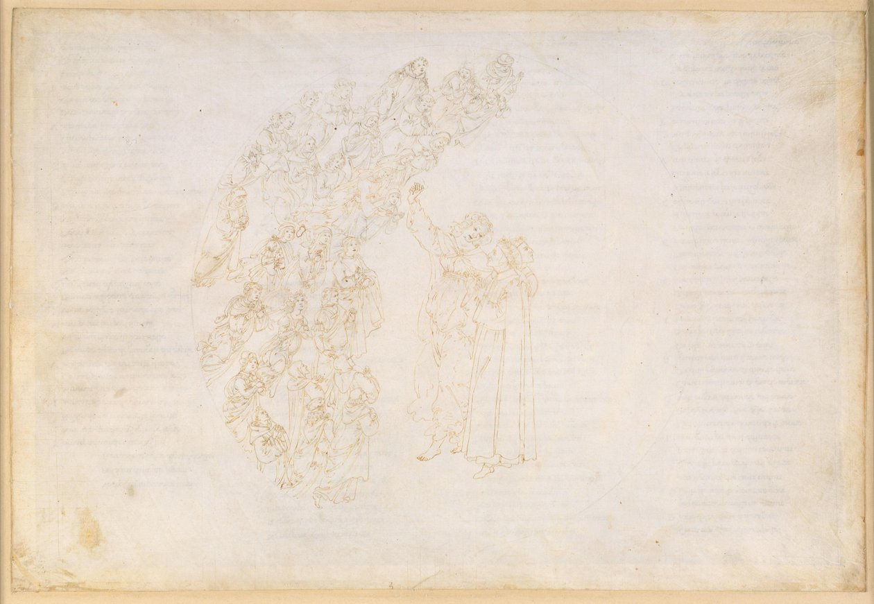 La Divina Commedia, Paradiso III. Den första planetsfären (månhimlen): Uppenbarelsen av de själar som en gång hindrades från att fullgöra ett löfte; Dantes samtal med Piccarda Donati av Sandro Botticelli