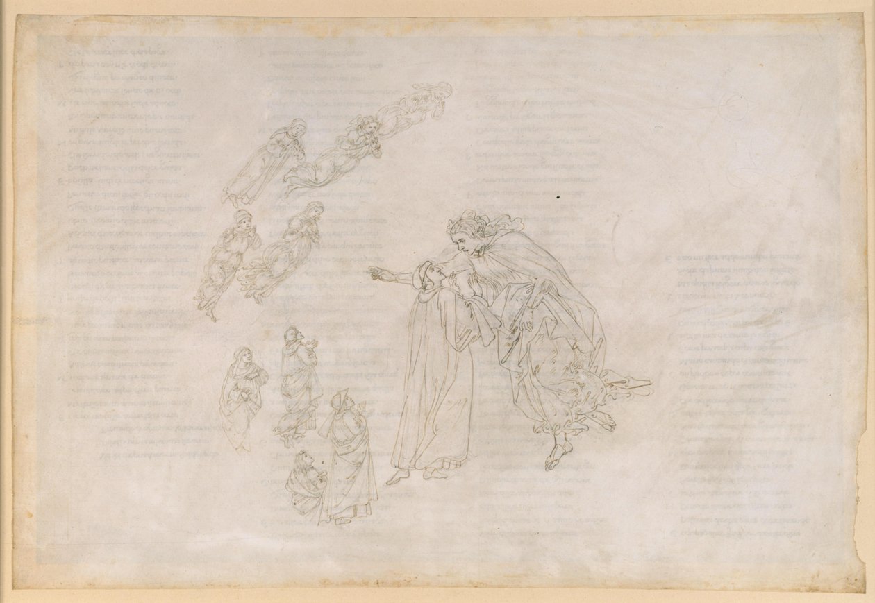 La Divina Commedia, Paradiso IV. Den första planetsfären (månhimlen): Beatrice förklarar för Dante var de saligas egentliga vistelseort ligger av Sandro Botticelli
