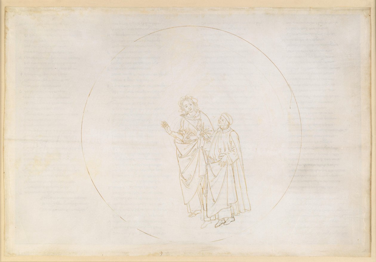 La Divina Commedia, Paradiso IX. Den tredje planetsfären (Venushimlen): Cunizza d’Romano och Folquet från Marseille förklarar för Dante sin stjärnas väsen av Sandro Botticelli