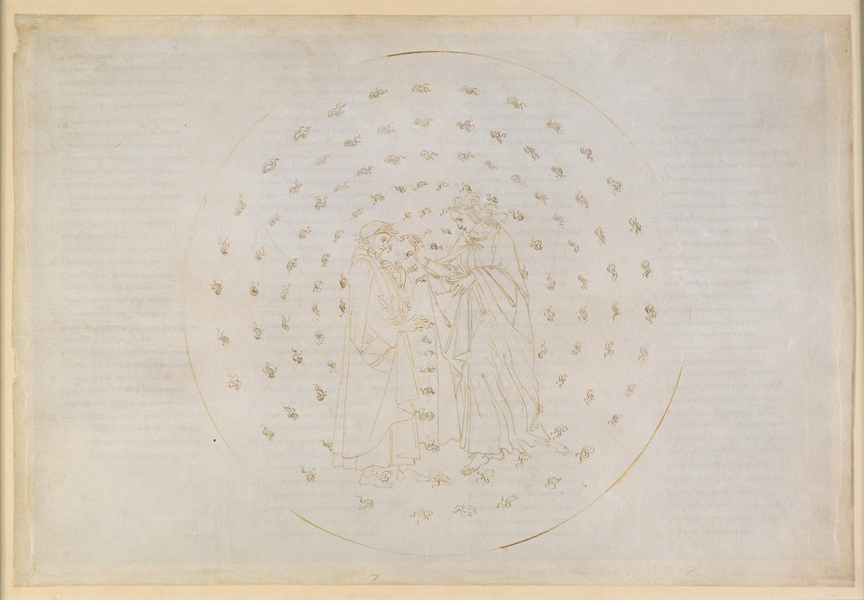 La Divina Commedia, Paradiso VII. Den andra planetsfären (Merkuriushimlen): Beatrice introducerar Dante till svåra frågor om den gudomliga rättvisan, den mänskliga arvsynden och frälsningen genom Kristi död av Sandro Botticelli