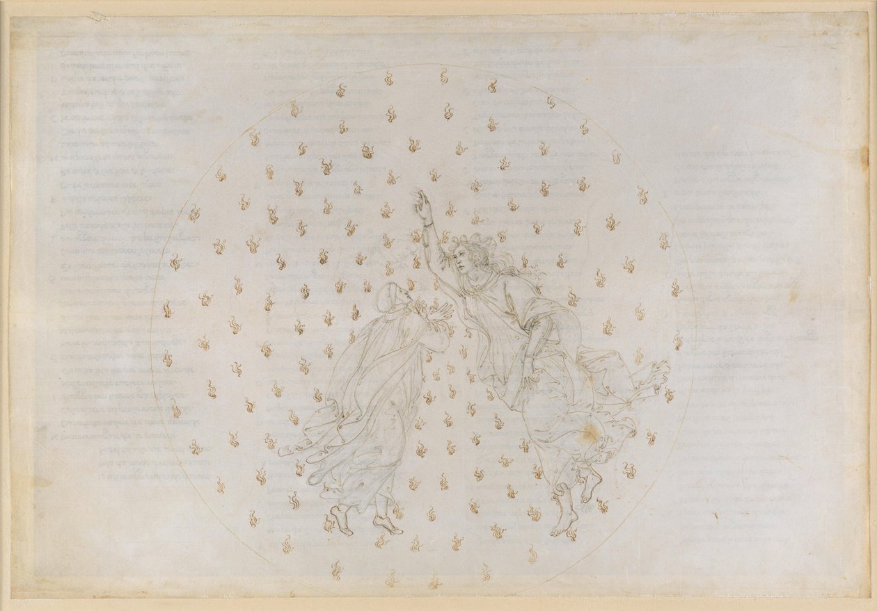 La Divina Commedia, Paradiso VI. Den andra planetsfären (Merkurius himmel): Justinianus berättar för Dante om kejsardömets historia och om de rättfärdigas själar i Merkurius av Sandro Botticelli