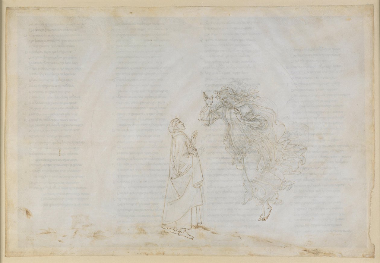 La Divina Commedia, Paradiso V. Den första sfären (månhimlen): Beatrice förklarar för Dante principerna för kyrklig dispens; uppstigning till Mars sfär av Sandro Botticelli