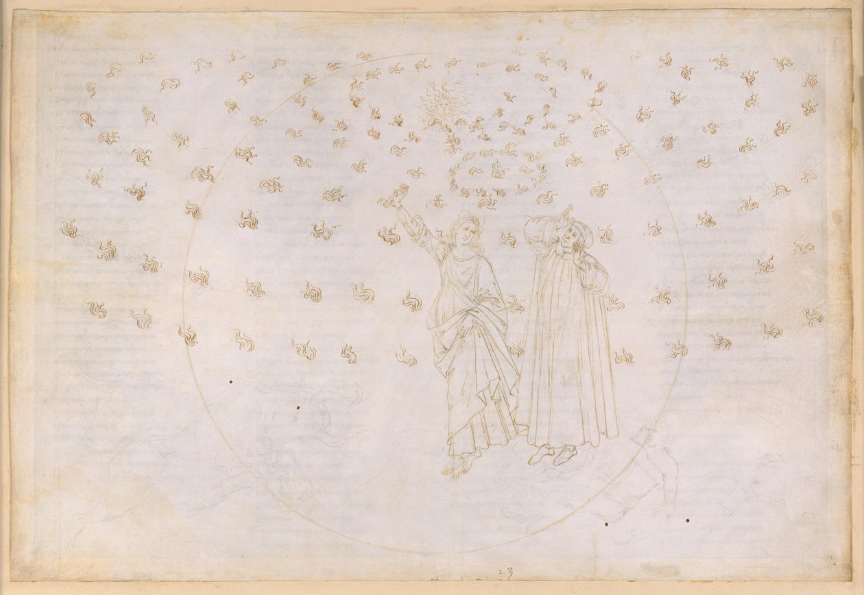 La Divina Commedia, Paradiso XXIII. Åttonde sfären (faststjärnehimlen): Vision av Kristi triumf; Dante ser Beatrice i hennes sanna skepnad; Mariadansen och de tolv apostlarna av Sandro Botticelli