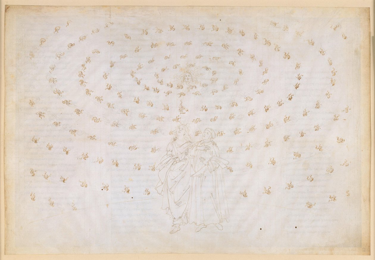 La Divina Commedia, Paradiso XXIV. Åttonde sfären (fasta stjärnhimlen): Beatrice ber Petrus att pröva hennes lärjunge i den sanna tron, den första teologiska dygden; Dantes trosbekännelse av Sandro Botticelli