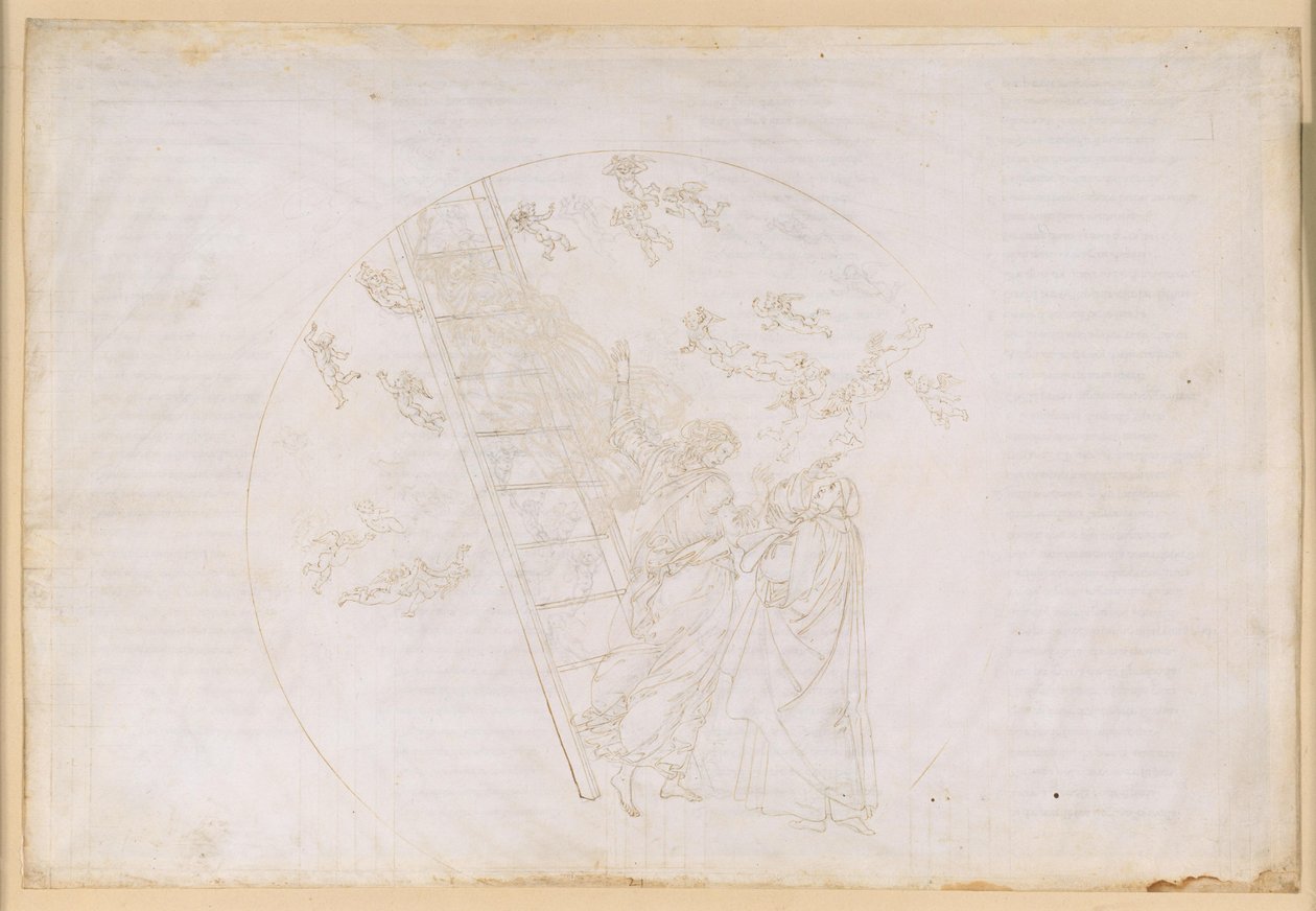 La Divina Commedia, Paradiso XXI. Övergång till den sjunde planetsfären (Saturnus himmel): Dante ser Jakobs stege och ljuset från de saliga, som en gång visat sig värdiga i Contemplatio; tal av Petrus Damianus av Sandro Botticelli