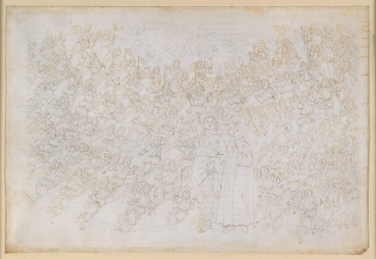 La Divina Commedia, Paradiso XXVIII. Den nionde sfären (Kristallhimlen eller Primum Mobile): Dante ser Gud som en bländande ljuspunkt, omgiven av änglakörer; Beatrice förklarar sfärens hierarki och verkande krafter av Sandro Botticelli