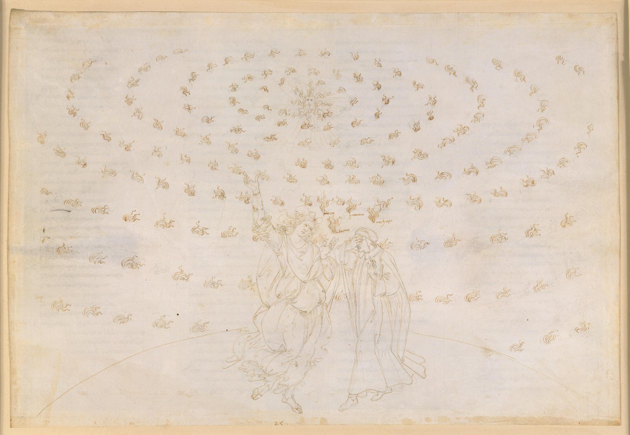 La Divina Commedia, Paradiso XXVI. Åttonde sfären (fasta stjärnorna): Johannes frågar Dante om den tredje teologiska dygden, kärleken; Dante återfår sin syn med förnyad styrka; Adams ljus uppenbarar sig av Sandro Botticelli