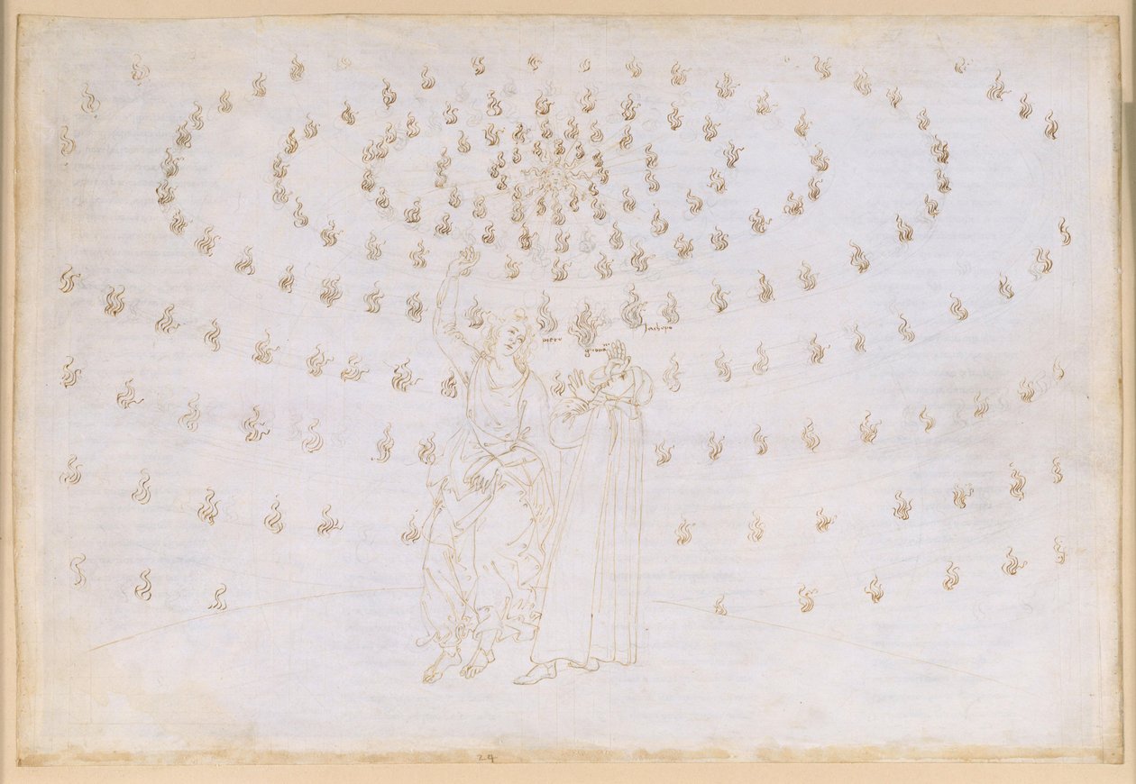 La Divina Commedia, Paradiso XXV. Åttonde sfären (faststjärnhimlen): Jakobus prövar Dante i den andra teologiska dygden, hoppet; uppenbarelsen av evangelisten Johannes och hans tal om varelsernas tillstånd i paradiset; Dantes bländning av Sandro Botticelli