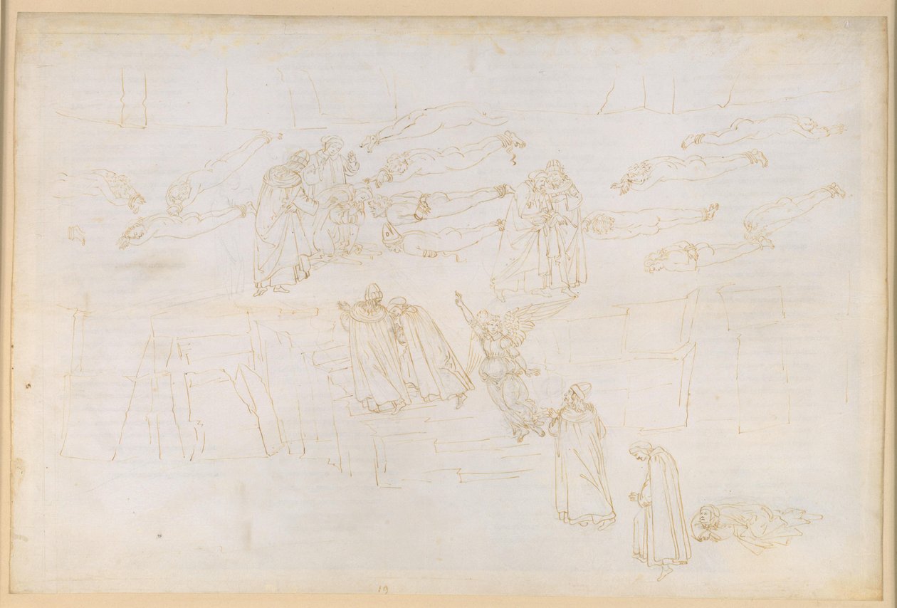 La Divina Commedia, Purgatorio XIX. Uppstigningen till den femte cirkeln i skärselden: Dantes dröm om Sirenerna; de girigas och slösarnas botgöring; samtal med Hadrianus V. av Sandro Botticelli