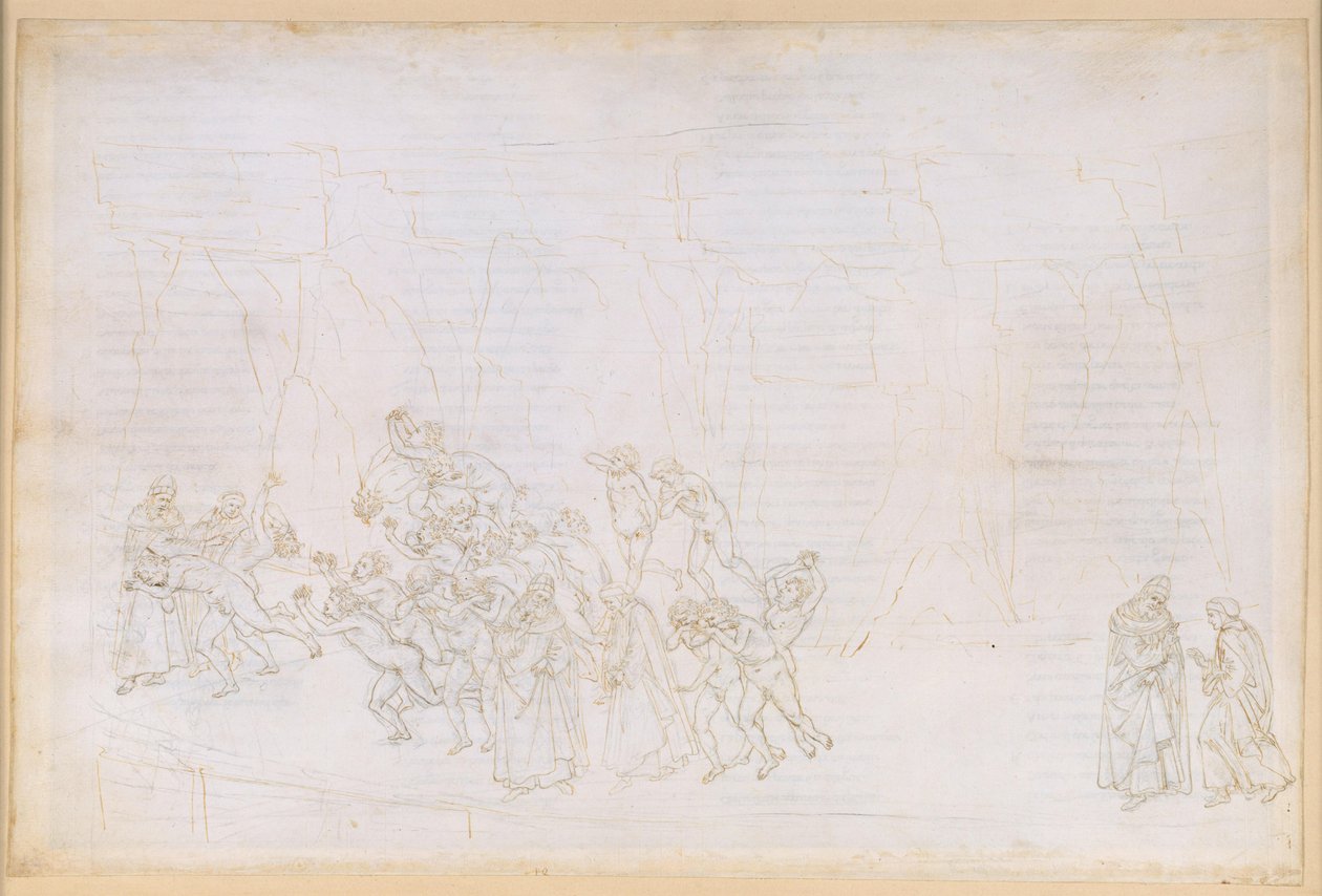 La Divina Commedia, Purgatorio XVIII. Fjärde ringen: Vergilius förklarar för Dante kärlekens princip och den fria viljans roll; de tröga människornas botgöring av Sandro Botticelli