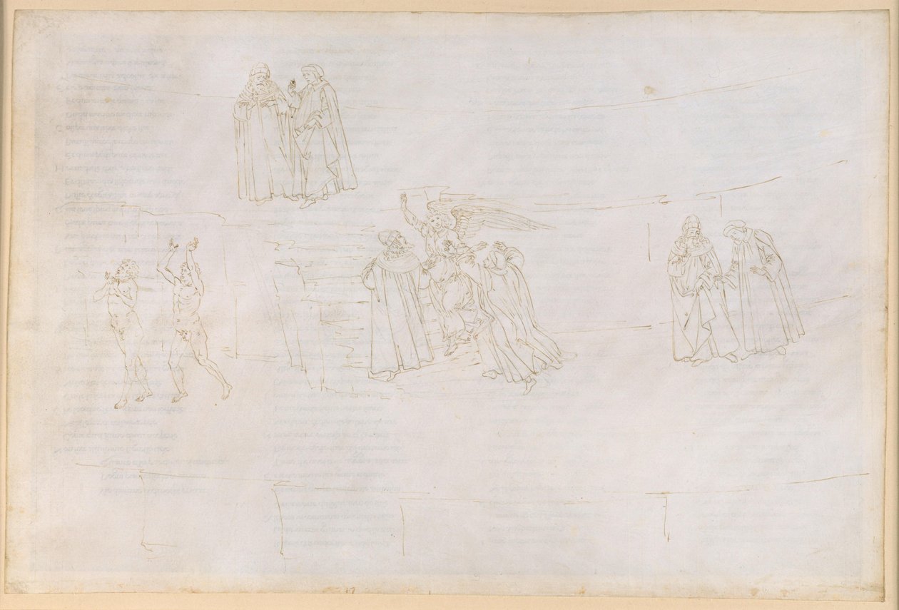La Divina Commedia, Purgatorio XVII. Uppstigningen till den fjärde cirkeln i skärselden: Vergilius förklarar skärselden för Dante av Sandro Botticelli