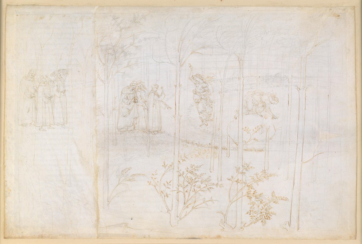 La Divina Commedia, Purgatorio XXVIII. Det jordiska paradiset: Dante och Matelda vid floden Lethe av Sandro Botticelli
