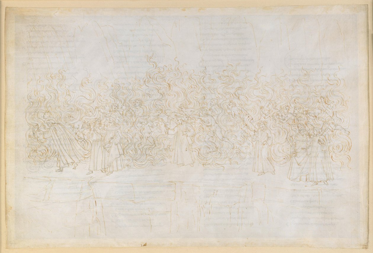 La Divina Commedia, Purgatorio XXVI. Purgatoriets sjunde ring: De lustfylldas botgöring; Dantes samtal med Guido Guinizelli av Sandro Botticelli