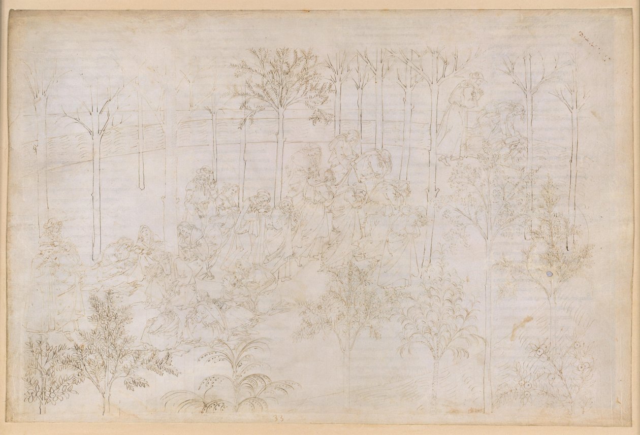 La Divina Commedia, Purgatorio XXXIII. Det jordiska paradiset: Beatrice i dygdernas krets; avfärd; Dantes bad i floden Eunoe av Sandro Botticelli