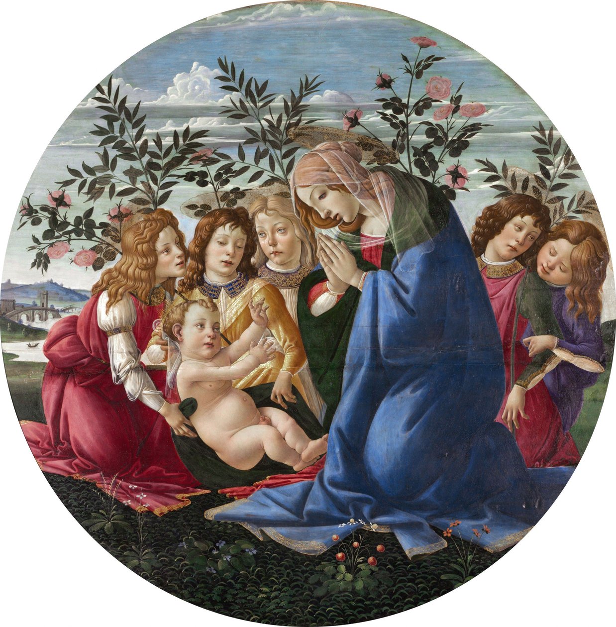 Madonna tillber barnet med fem änglar av Sandro Botticelli