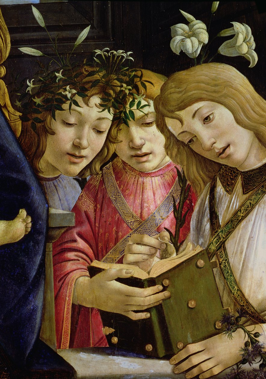 Madonna och barn med den unga Johannes Döparen och änglar: detalj som visar tre änglar paneldetalj av 44353 av Sandro Botticelli