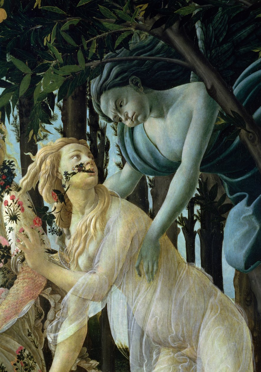 Primavera: Detalj av Zephyr och Flora tempera på panel av Sandro Botticelli