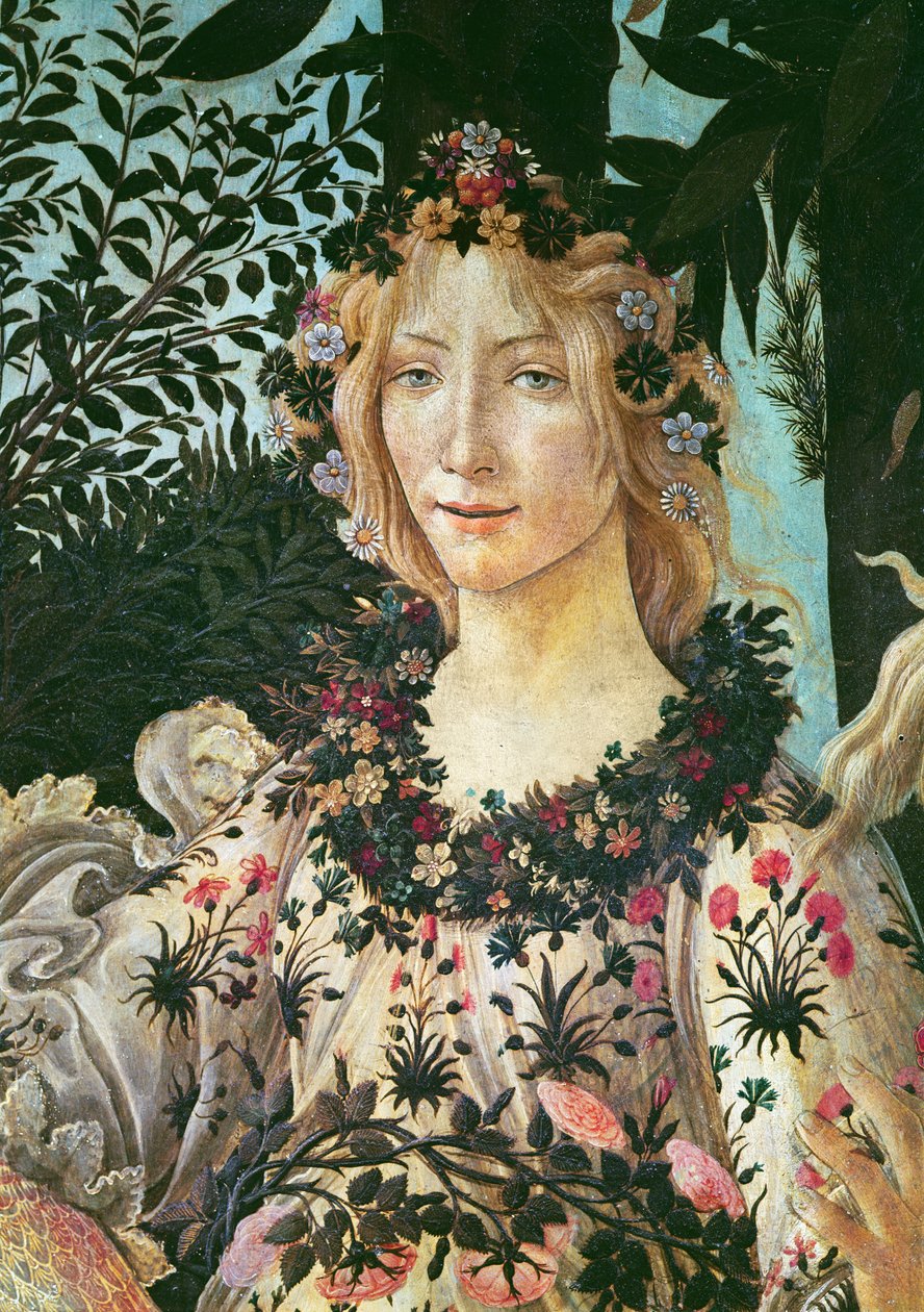 Primavera, detalj av Flora som vårens timme, 1478 tempera på panel av Sandro Botticelli