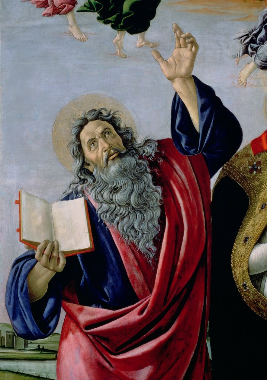 St. Johannes evangelisten, från The Coronation of the Virgin Altarpiece of St. Mark, c.1488-90 tempera på paneldetalj av 44363 av Sandro Botticelli