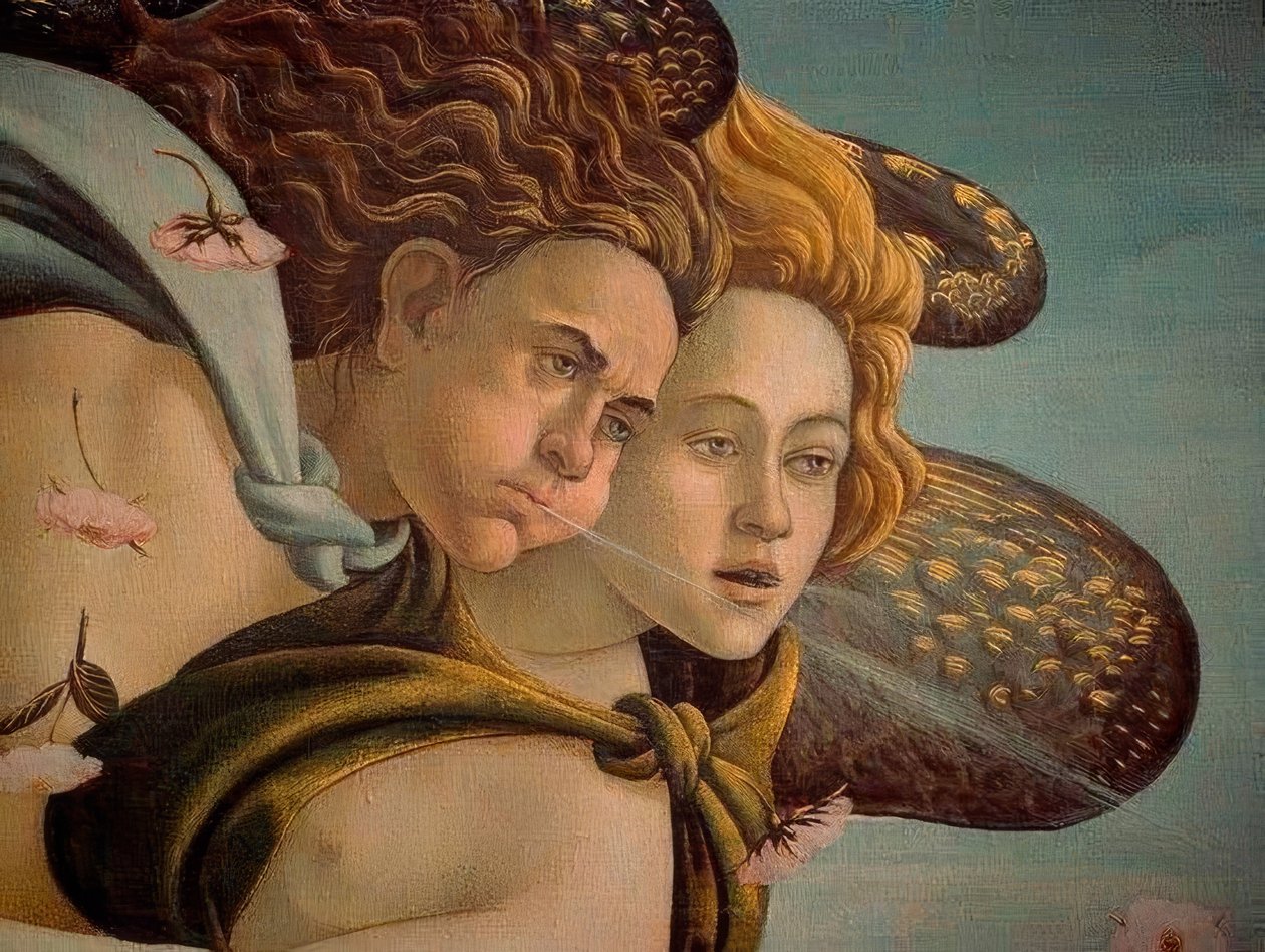 The Birth of Venus detalj av de två vindarna, 1478, Olja på duk av Sandro Botticelli