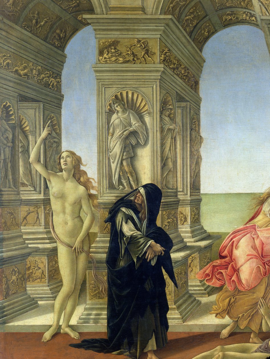Apelles förtal; detalj som visar sanningens nakna gestalt som pekar mot himlen och ånger klädd i en trasig dominikansk vana, 1497-98 detalj av 31582 av Sandro Botticelli