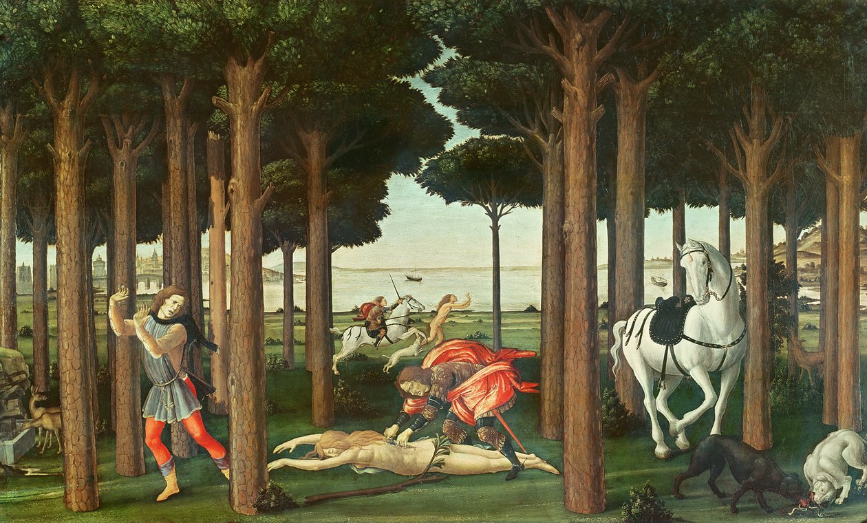 Den eftersökta kvinnans urtagning: Scen II i berättelsen om Nastagio degli Onesti, ca 1483 (tempera på panel) av Sandro Botticelli