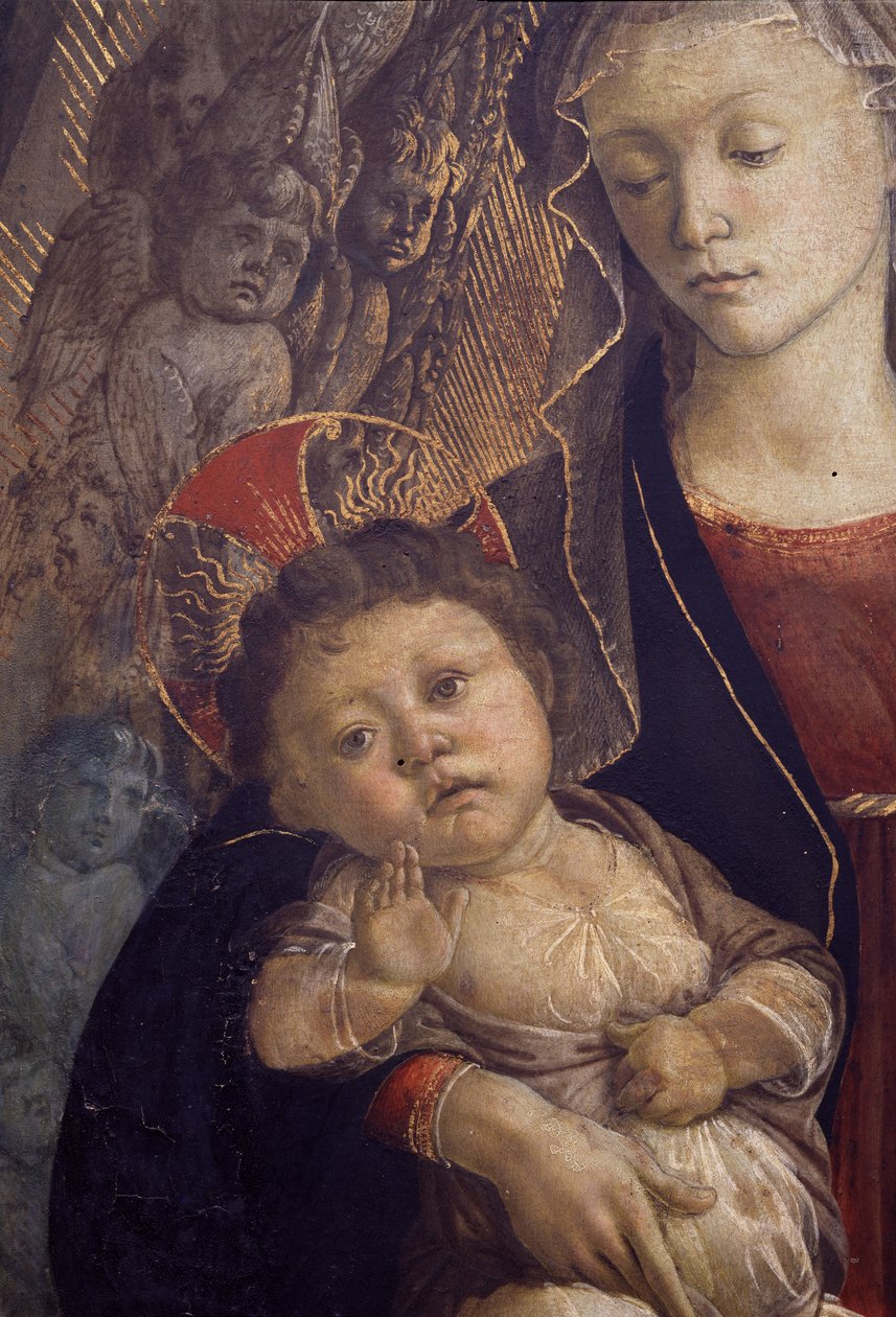 The Madonna and Child in Glory, detalj av of Child, 1468 tempera på paneldetalj av 85673 av Sandro Botticelli