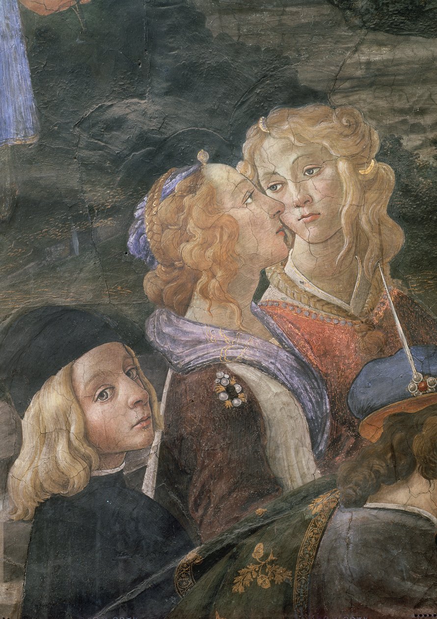 Reningen av den spetälske och Kristi frestelse, i Sixtinska kapellet: detalj av två kvinnor och en ung pojke i folkmassan, fresk från 1481 av Sandro Botticelli