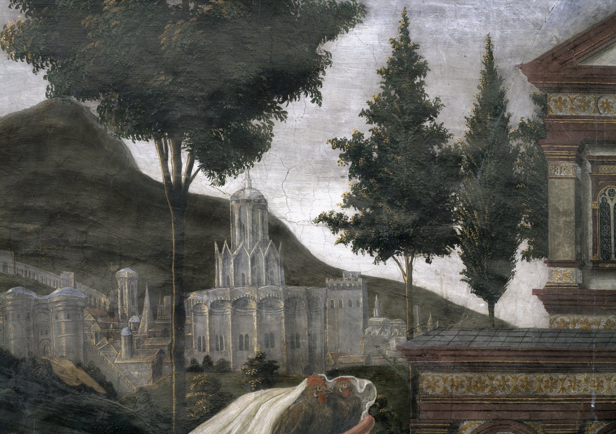 Reningen av den spetälske och Kristi frestelse, i Sixtinska kapellet: detalj av en imaginär stad i ett landskap, fresk från 1481 av Sandro Botticelli