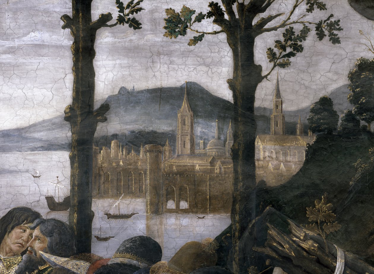 Reningen av den spetälske och Kristi frestelse, i Sixtinska kapellet: detalj av en imaginär hamnstad i ett landskap, fresk från 1481 av Sandro Botticelli