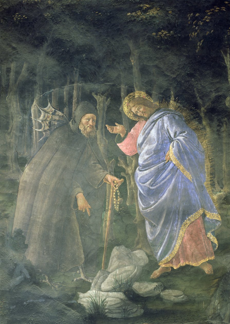 Reningen av den spetälske och Kristi frestelse, i Sixtinska kapellet: detalj av djävulen som utmanar Jesus att förvandla stenar till bröd, fresk från 1481 av Sandro Botticelli