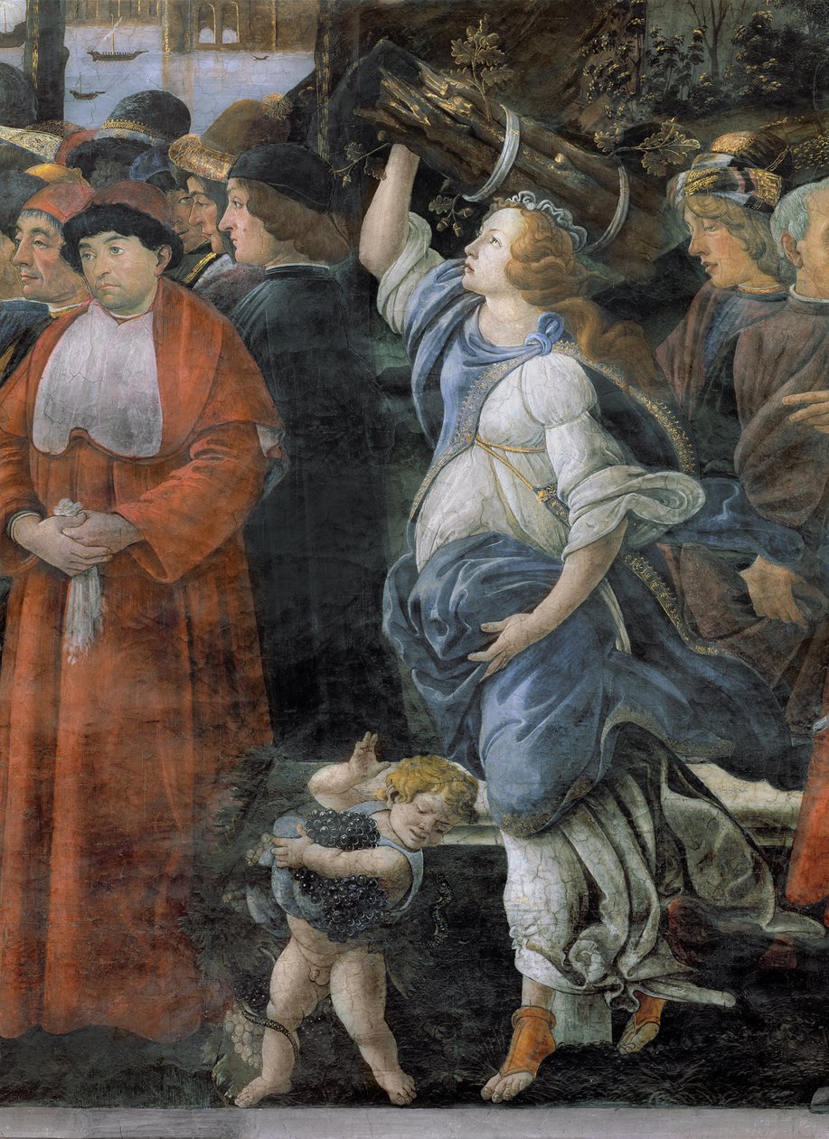 Reningen av den spetälske och Kristi frestelse, i Sixtinska kapellet: detalj av kvinna som bär ved och liten pojke som bär vindruvor, fresk från 1481 av Sandro Botticelli