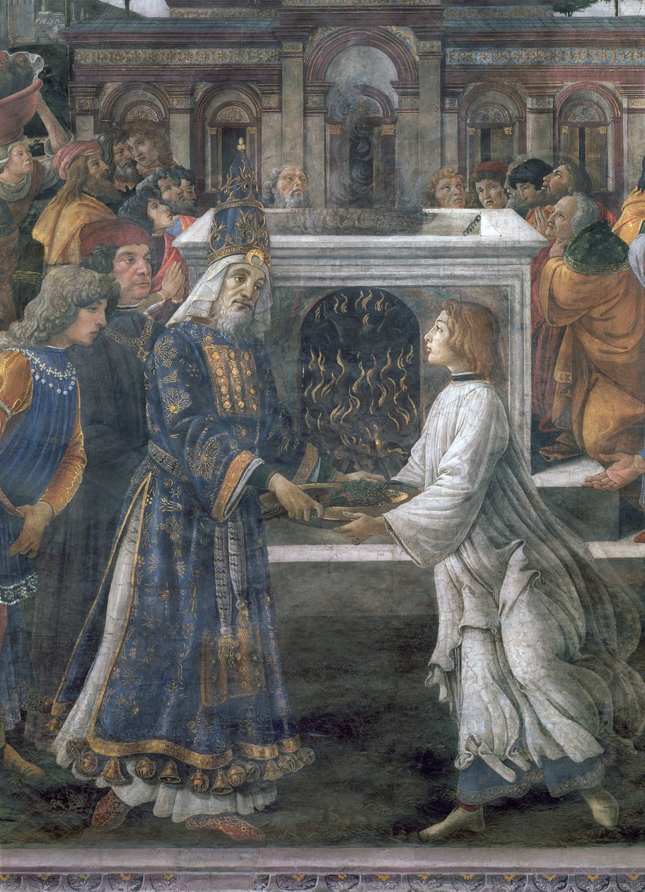Reningen av den spetälske och Kristi frestelse, i Sixtinska kapellet: detalj av reningsceremonin, fresk från 1481 av Sandro Botticelli