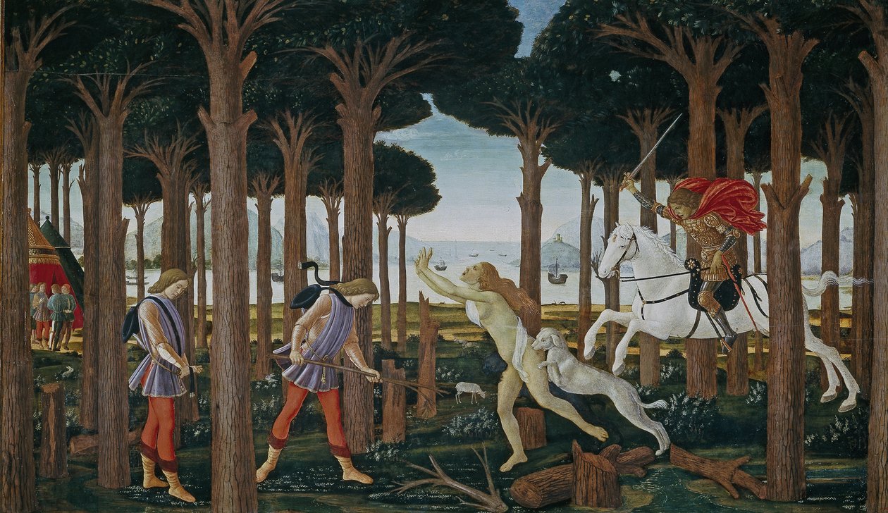 Berättelsen om Nastagio degli Onesti Första avsnittet, ca 1483 av Sandro Botticelli