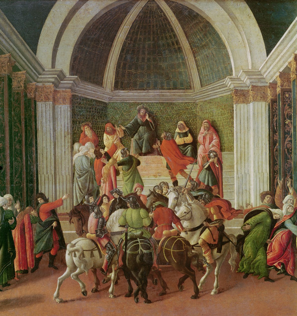 The Story of Virginia detalj av centret: Virginia dömdes och dömdes till slaveri, 1500-04 tempera på panel av Sandro Botticelli
