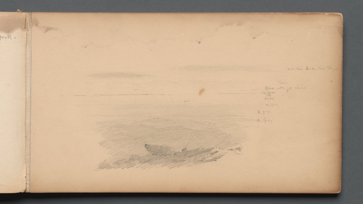 Skissbok, sidan 04: Havslandskap med färganteckningar av Sanford Robinson Gifford