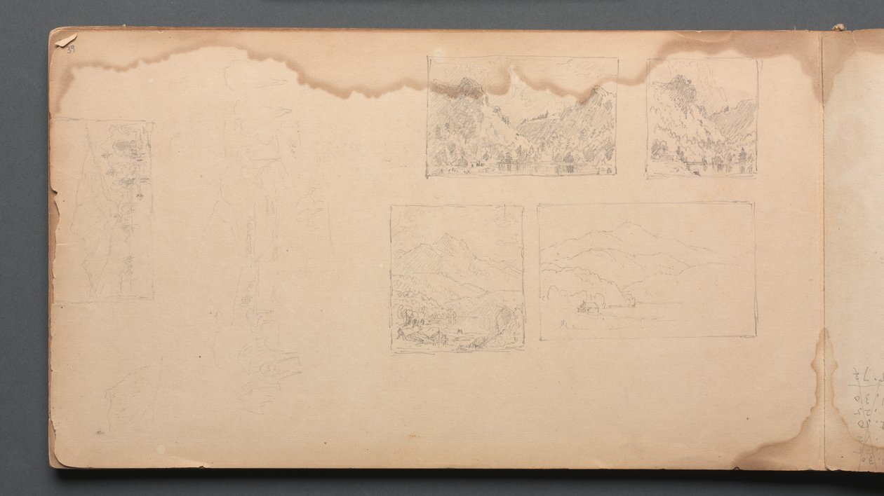 Skissbok, sida 39: Maine Landscape Vignittes, 1859. av Sanford Robinson Gifford