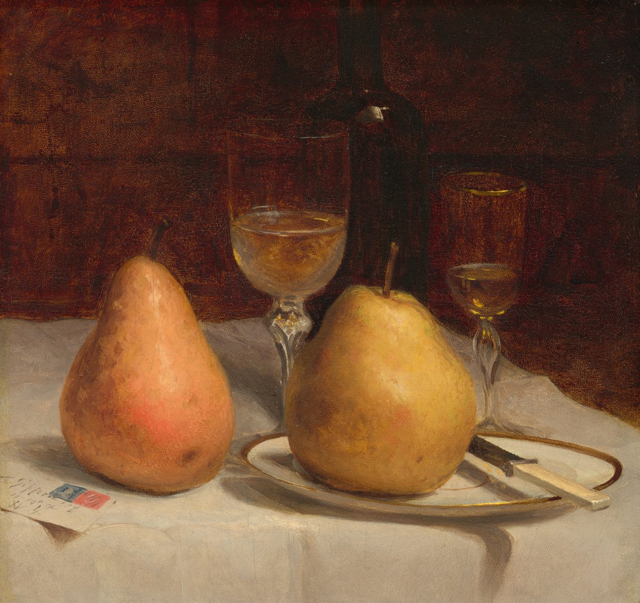 Två päron på en bordsskiva, ca. 1866. av Sanford Robinson Gifford