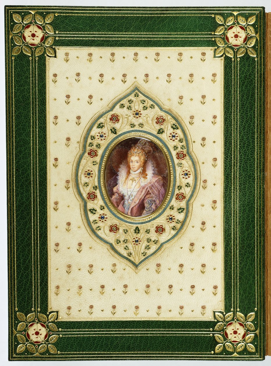 Ett ovalt porträtt av drottning Elizabeth I (grönt levant marockoläder, krämvattnat siden, safirer, pai) av Sangorski and Sutcliffe