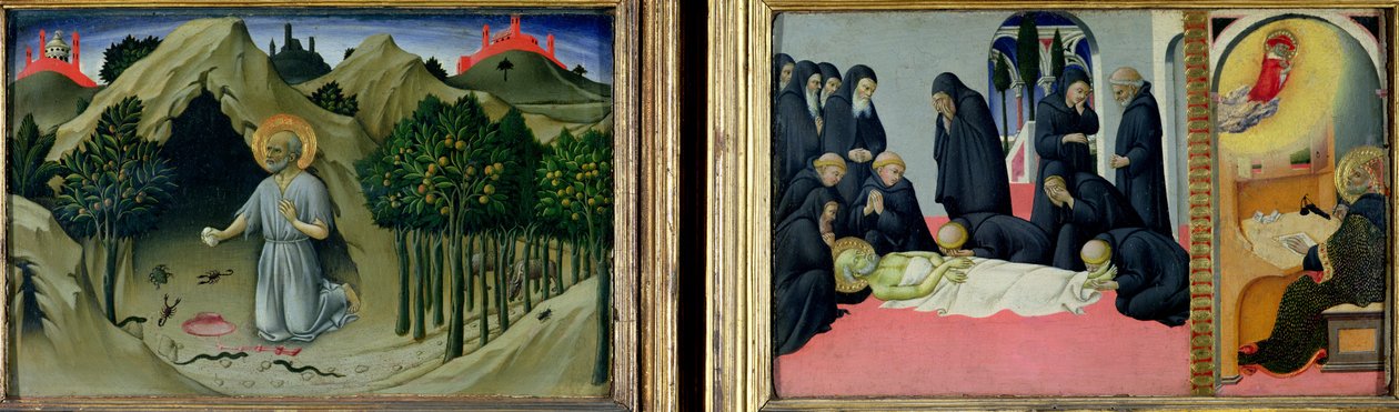 Den helige Hieronymus ånger och den helige Hieronymus död och uppenbarelse för den helige Kyrillos av Jerusalem, 1444 av Sano di Pietro