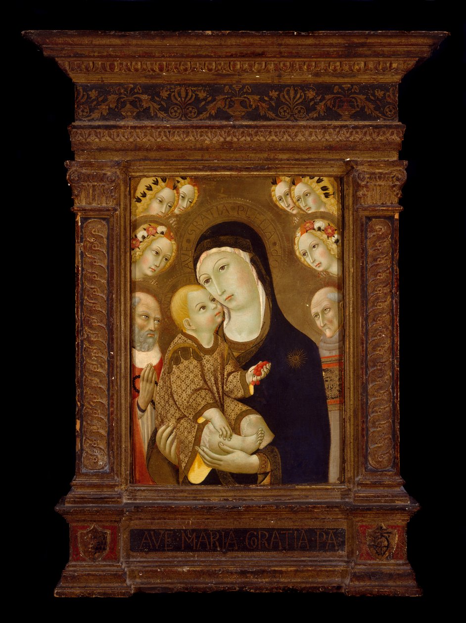Madonna och barn med St. Hieronymus, St. Bernardino och Six Angels, ca 1460-talet (tempera och bladguld på panel) av Sano di Pietro