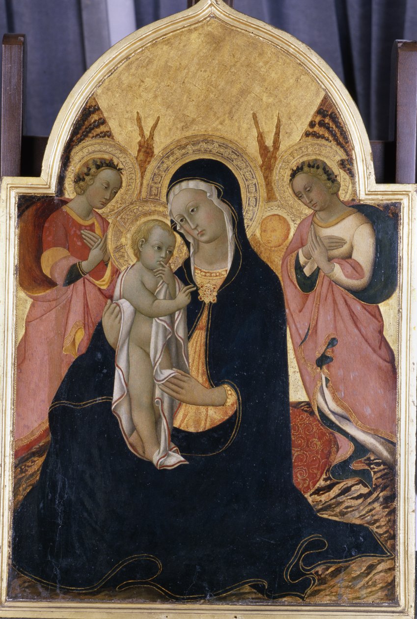 Madonna och barn med två änglar, ca 1440 (tempera på poppel) av Sano di Pietro